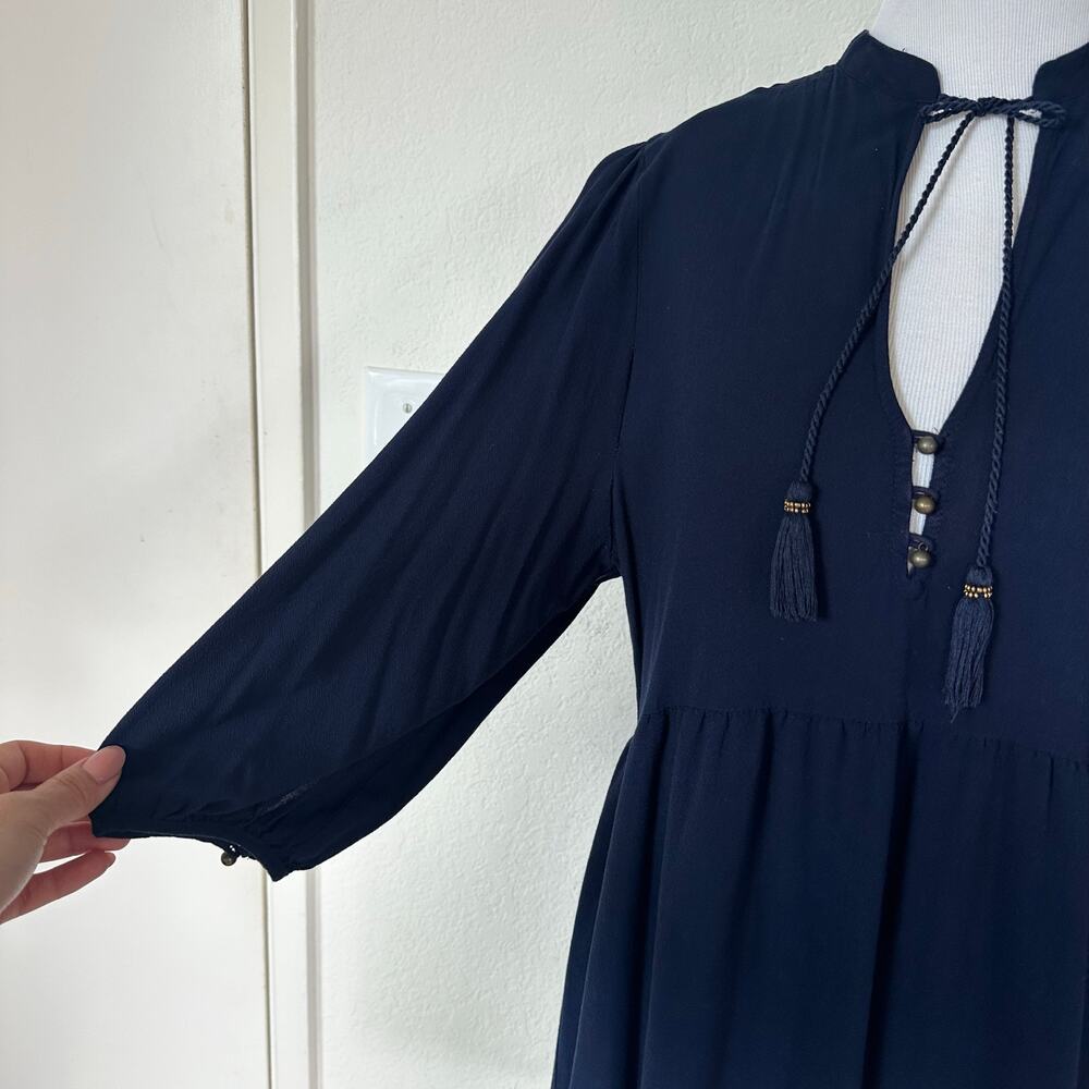 Forever 21 Navy Boho Mini Dress Long Sleeve Tassel Tie Neck Medium Peasant - Picture 7 of 12